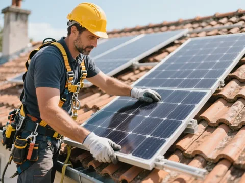 Installateur posant un panneau solaire sur une toiture en tuile en France