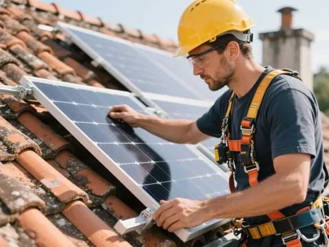 Installateur posant un panneau solaire sur une toiture en tuile en France