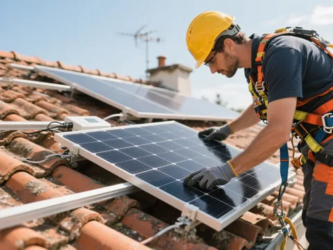 Installateur posant un panneau solaire sur une toiture en tuile en France
