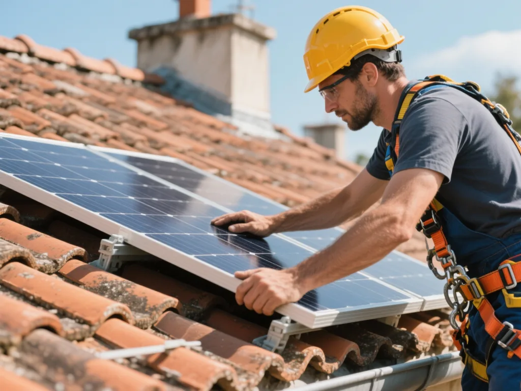 Installateur posant un panneau solaire sur une toiture en tuile en France