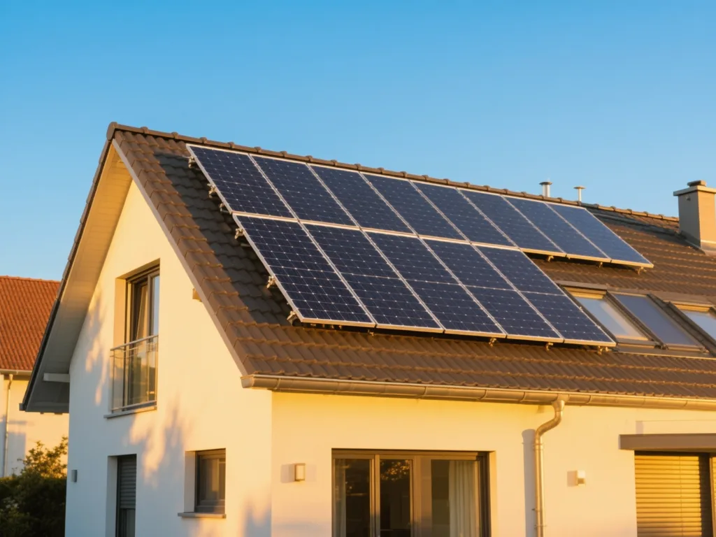Maison avec panneaux solaires photovoltaïques sous lumière dorée du matin
