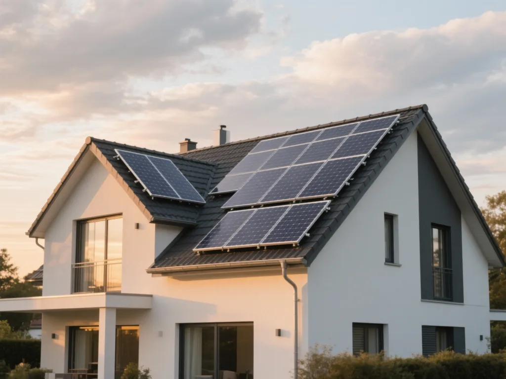 Maison avec panneaux solaires photovoltaïques sous lumière douce de fin de journée