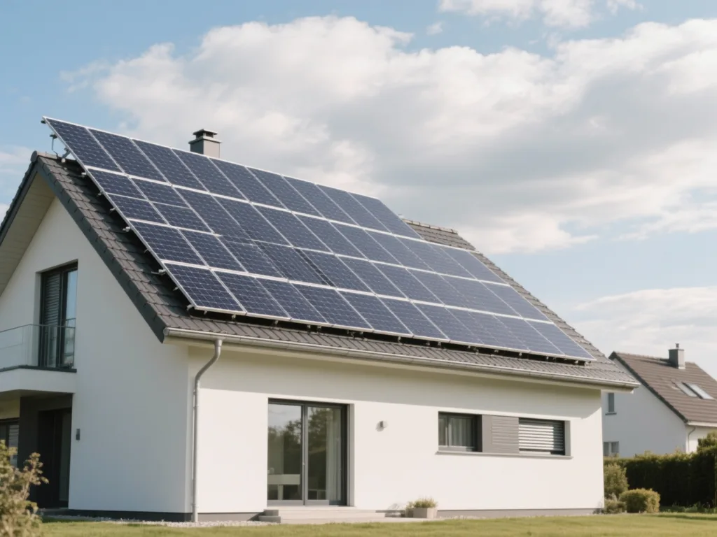 Maison avec panneaux solaires photovoltaïques sous lumière naturelle de midi