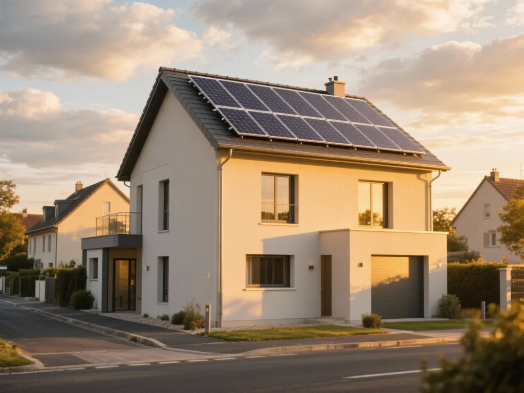 Maison avec panneaux photovoltaïques en France, installation moderne sous lumière du matin
