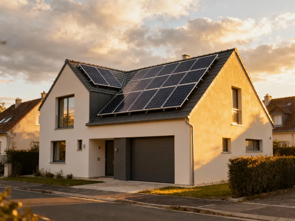 Maison avec panneaux photovoltaïques en France, installation moderne sous lumière du matin