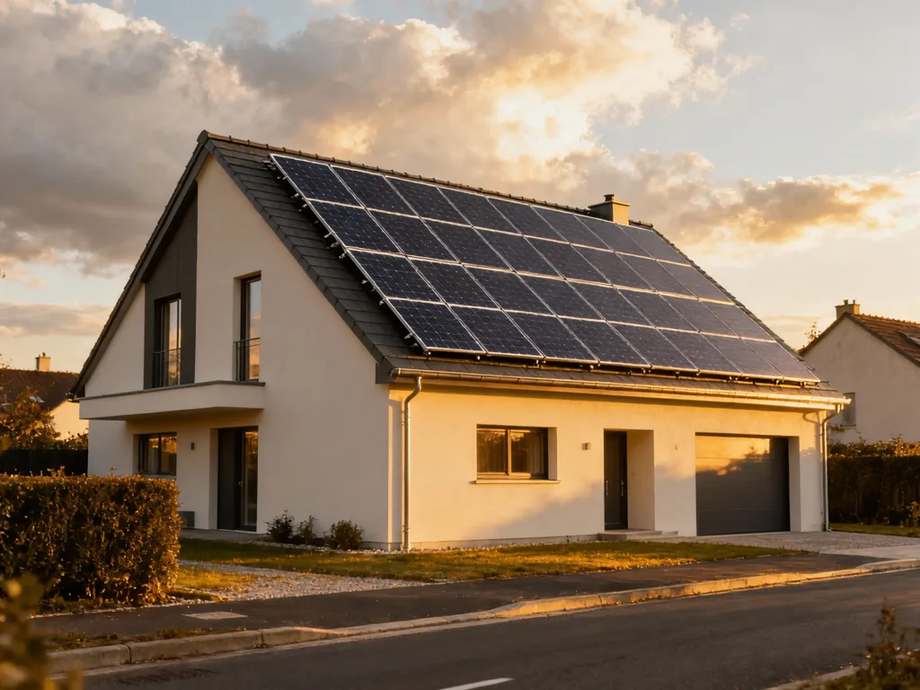 Maison avec panneaux photovoltaïques en France, installation moderne sous lumière du matin