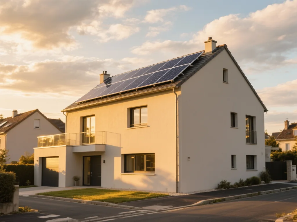 Maison avec panneaux photovoltaïques en France, installation moderne sous lumière du matin