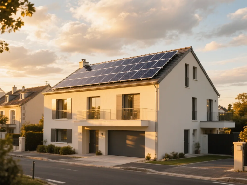 Maison avec panneaux photovoltaïques en France, installation moderne sous lumière du matin