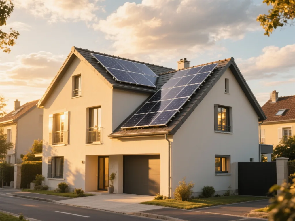 Maison avec panneaux photovoltaïques en France, installation moderne sous lumière du matin