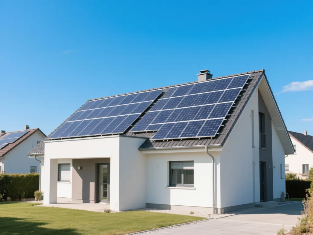 Maison avec panneaux solaires photovoltaïques sous lumière naturelle de midi