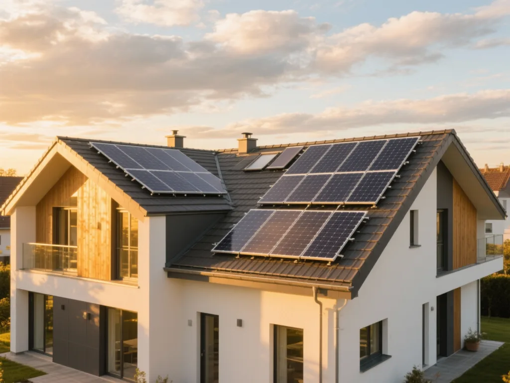 Maison avec panneaux solaires photovoltaïques sous lumière dorée du matin